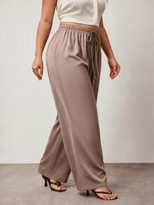 Enliva Plus Size Wrinkle-Resistant Satin Straight Leg Loose Pants, Suitable For Valentine's Day, For Hourglass Body Shape - Mocha Brown - View 3