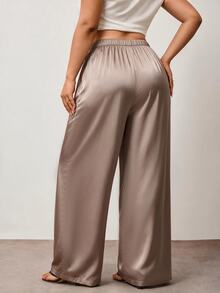 Enliva Plus Size Wrinkle-Resistant Satin Straight Leg Loose Pants, Suitable For Valentine's Day, For Hourglass Body Shape - Mocha Brown - View 2