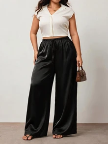 Enliva Plus Size Wrinkle-Resistant Satin Straight Leg Loose Pants, Suitable For Valentine's Day, For Hourglass Body Shape - Black - View 5