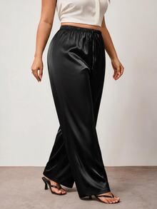 Enliva Plus Size Wrinkle-Resistant Satin Straight Leg Loose Pants, Suitable For Valentine's Day, For Hourglass Body Shape - Black - View 3