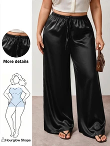 Enliva Plus Size Wrinkle-Resistant Satin Straight Leg Loose Pants, Suitable For Valentine's Day, For Hourglass Body Shape - Black - View 1