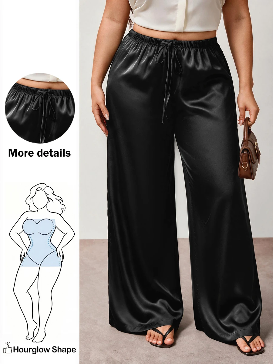 Enliva Plus Size Wrinkle-Resistant Satin Straight Leg Loose Pants, Suitable For Valentine's Day, For Hourglass Body Shape - Black - View 1