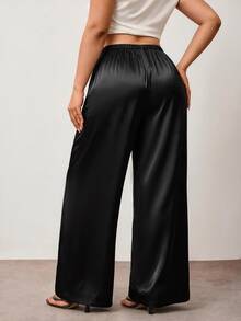 Enliva Plus Size Wrinkle-Resistant Satin Straight Leg Loose Pants, Suitable For Valentine's Day, For Hourglass Body Shape - Black - View 2