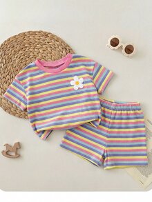1 Set Baju Bayi Perempuan Motif Garis-Garis Pink, Atasan Rajut Leher Bulat Lengan Pendek dan Celana Pendek Pinggang Elastis - MultiWarna - View 5