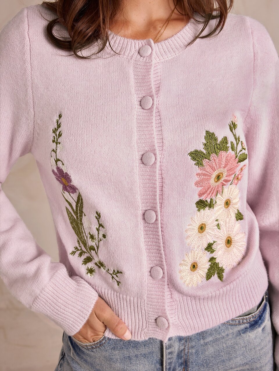 Enchnt Autumn Bohemian Goth Vintage Women's Lavender Floral Embroidered Wool Knit Cardigan Casual Outfits Brunch Tea Party