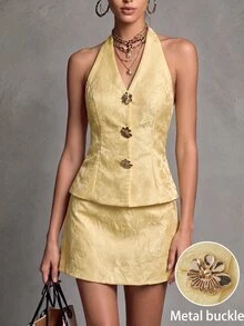 CHARMVALE Women's Sweet Metal Flower Buckle Halter Top And Heavy Jacquard Skirt Set - Yellow - View 3