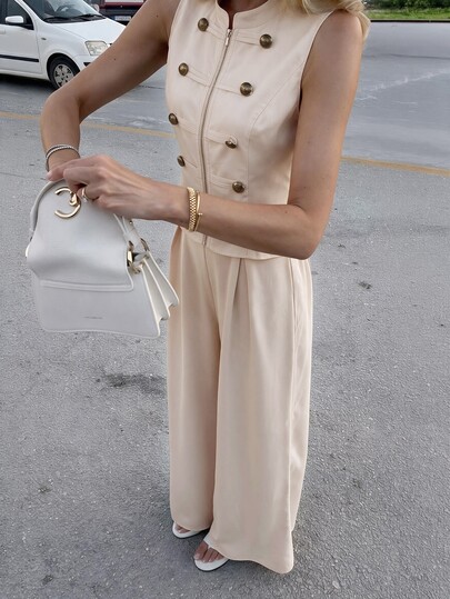 Elenzga Autumn/Winter Napoleon Button Zipper Vest And Pleated Long Pants 2 Pieces Set Teachers' Day Business Office Beige Casual Elegant Fall