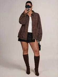 SHEIN BAE CURVE 大尺碼女款秋季休閒復古夾克 - 咖啡棕 - 查看 8
