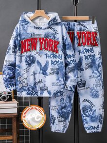 SHEIN 2件組兒童青少年男孩休閒戶外連帽外套與運動長褲套裝，適合秋冬季，秋季服飾、冬季服飾，開學季、家庭聚會、運動 - 彩色 - 查看 4