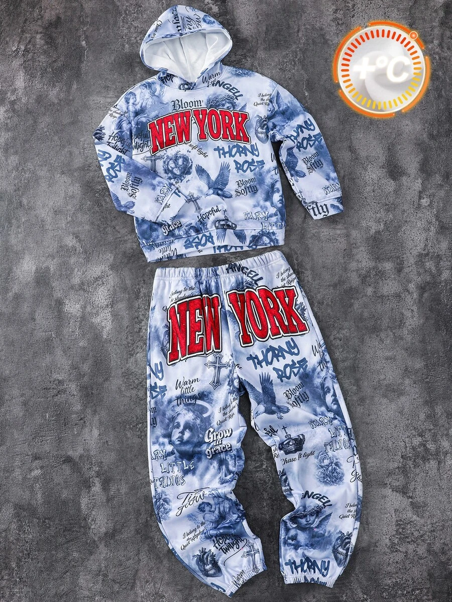 SHEIN 2件組兒童青少年男孩休閒戶外連帽外套與運動長褲套裝，適合秋冬季，秋季服飾、冬季服飾，開學季、家庭聚會、運動
