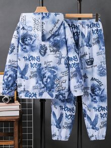 SHEIN 2件組兒童青少年男孩休閒戶外連帽外套與運動長褲套裝，適合秋冬季，秋季服飾、冬季服飾，開學季、家庭聚會、運動 - 彩色 - 查看 5