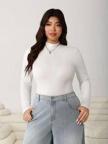 Solflare Plus Size Women's Solid Color Stand Collar Long Sleeve Casual Bodysuit/Fall/Winter - Black and White - View 3