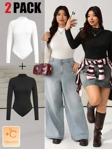 Solflare Plus Size Women's Solid Color Stand Collar Long Sleeve Casual Bodysuit/Fall/Winter - Black and White - View 1