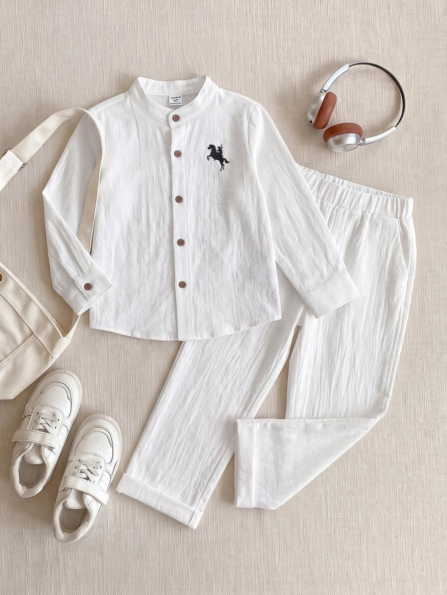 PrepCrw Young Boys Collegiate Style Logo Embroidered Stand Collar Long Sleeve Shirt/Pants Set - Multicolor - View 1