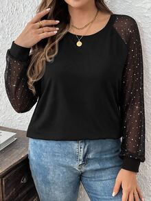 Comfylo Plus Size Women's Patchwork Rhinestone Mesh Raglan Long Sleeve Fashion T-Shirt - Black - View 6