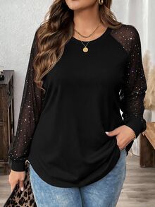 Comfylo Plus Size Women's Patchwork Rhinestone Mesh Raglan Long Sleeve Fashion T-Shirt - Black - View 7