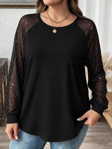 Comfylo Plus Size Women's Patchwork Rhinestone Mesh Raglan Long Sleeve Fashion T-Shirt - Black - View 3