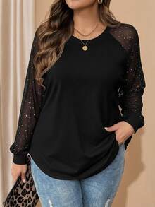 Comfylo Plus Size Women's Patchwork Rhinestone Mesh Raglan Long Sleeve Fashion T-Shirt - Black - View 1