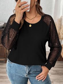 Comfylo Plus Size Women's Patchwork Rhinestone Mesh Raglan Long Sleeve Fashion T-Shirt - Black - View 4