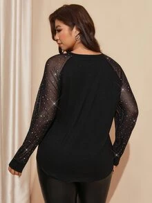 Comfylo Plus Size Women's Patchwork Rhinestone Mesh Raglan Long Sleeve Fashion T-Shirt - Black - View 8