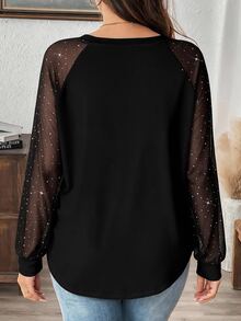 Comfylo Plus Size Women's Patchwork Rhinestone Mesh Raglan Long Sleeve Fashion T-Shirt - Black - View 2
