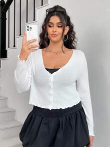 SHEIN EZwear Plus Size Women White Front Button Short Sleeve T-Shirt, Spring/Summer Fall - White - View 5