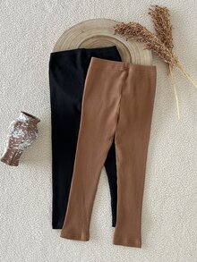 SHEIN Young Girl 2pcs Solid Ribbed Knit Leggings - Multicolor - View 2