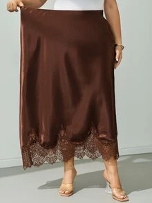 SHEIN CURVE+ 2026 Plus Size Satin Lace Patchwork Pencil Skirt, Brown Satin Skirt, Lace Trim, Fall Winter 22W - Brown - View 8