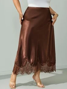 SHEIN CURVE+ 2026 Plus Size Satin Lace Patchwork Pencil Skirt, Brown Satin Skirt, Lace Trim, Fall Winter 22W - Brown - View 5