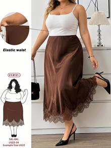 SHEIN CURVE+ 2026 Plus Size Satin Lace Patchwork Pencil Skirt, Brown Satin Skirt, Lace Trim, Fall Winter 22W - Brown - View 1
