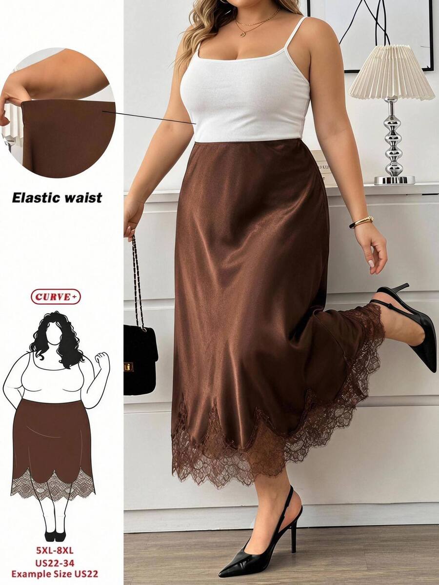 SHEIN CURVE+ 2026 Plus Size Satin Lace Patchwork Pencil Skirt, Brown Satin Skirt, Lace Trim, Fall Winter 22W - Brown - View 1