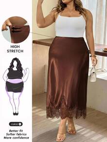 SHEIN CURVE+ 2026 Plus Size Satin Lace Patchwork Pencil Skirt, Brown Satin Skirt, Lace Trim, Fall Winter 22W - Brown - View 2