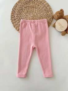 SHEIN Baby Girl Cute Casual Versatile Knitted Elastic Solid Color High Quality Embroidered Cartoon Pattern Elastic Waist Long Winter Pants - Pink - View 6