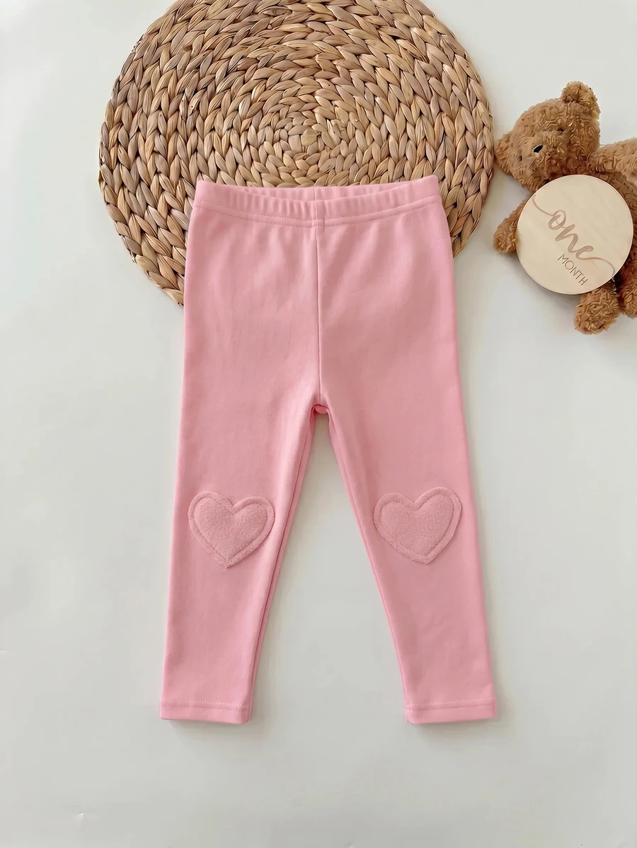 SHEIN Baby Girl Cute Casual Versatile Knitted Elastic Solid Color High Quality Embroidered Cartoon Pattern Elastic Waist Long Winter Pants - Pink - View 1