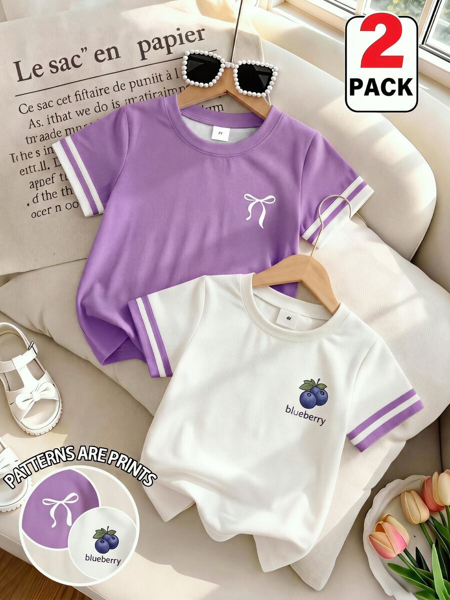 YoungGirl 2pcs Set Sweet Cute Purple Sleeve Decor Berry Bow Pattern Outfit, Suitable For Sisters, Versatile For Summer Outings Back-To-School School
