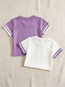 YoungGirl 2pcs Set Sweet Cute Purple Sleeve Decor Berry Bow Pattern Outfit, Suitable For Sisters, Versatile For Summer Outings Back-To-School School - Multicolor - View 3