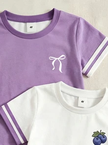 YoungGirl 2pcs Set Sweet Cute Purple Sleeve Decor Berry Bow Pattern Outfit, Suitable For Sisters, Versatile For Summer Outings Back-To-School School - Multicolor - View 7