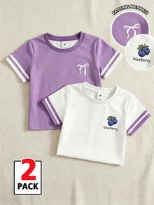 YoungGirl 2pcs Set Sweet Cute Purple Sleeve Decor Berry Bow Pattern Outfit, Suitable For Sisters, Versatile For Summer Outings Back-To-School School - Multicolor - View 5