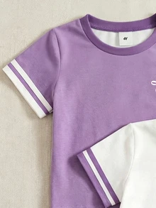 YoungGirl 2pcs Set Sweet Cute Purple Sleeve Decor Berry Bow Pattern Outfit, Suitable For Sisters, Versatile For Summer Outings Back-To-School School - Multicolor - View 8
