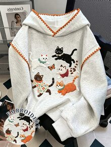 Resyla 女款極簡休閒可愛貓咪刺繡長袖連帽衫，適合返校季或送給朋友的禮物 - 灰色 - 查看 1