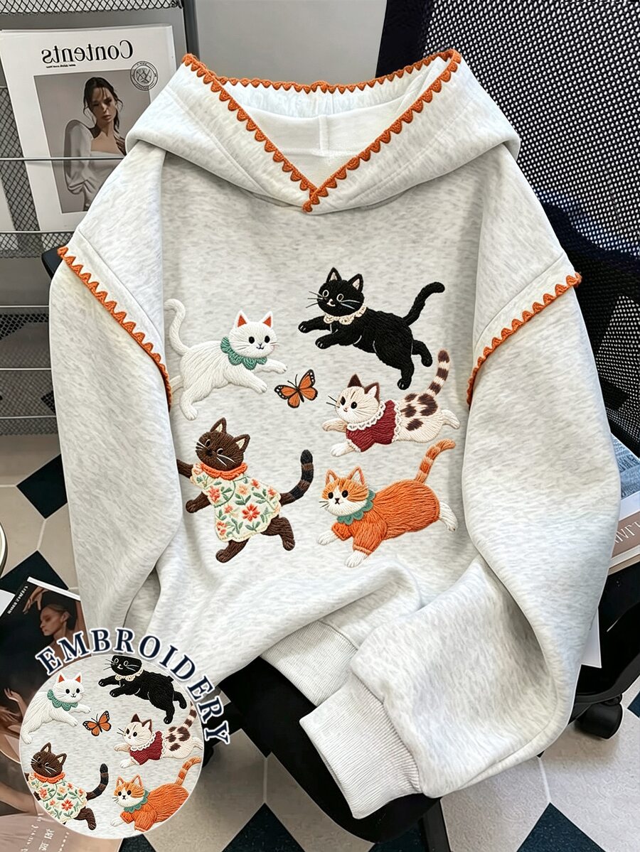 Resyla 女款極簡休閒可愛貓咪刺繡長袖連帽衫，適合返校季或送給朋友的禮物 - 灰色 - 查看 1