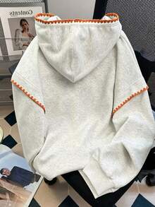 Resyla 女款極簡休閒可愛貓咪刺繡長袖連帽衫，適合返校季或送給朋友的禮物 - 灰色 - 查看 2
