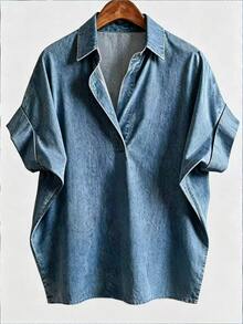 EMERY ROSE Plus Size Summer Casual Denim Effect Print Shirt - Multicolor - View 3