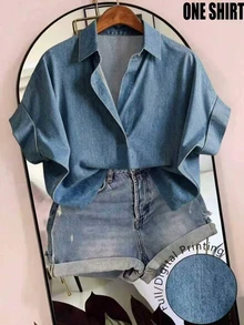 EMERY ROSE Plus Size Summer Casual Denim Effect Print Shirt - Multicolor - View 1