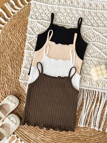 4pcs Cute Baby Girl Summer Cami Top, Suitable For Spring And Summer - Khaki - View 2