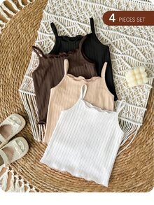 4pcs Cute Baby Girl Summer Cami Top, Suitable For Spring And Summer - Khaki - View 1