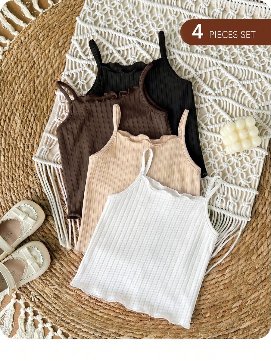 4pcs Cute Baby Girl Summer Cami Top, Suitable For Spring And Summer - Khaki - View 1