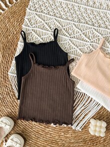 4pcs Cute Baby Girl Summer Cami Top, Suitable For Spring And Summer - Khaki - View 4