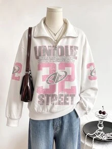 SHEIN Sparklyn 青少年女孩字母印花拉鍊半開襟長袖運動衫 - 白色 - 查看 3