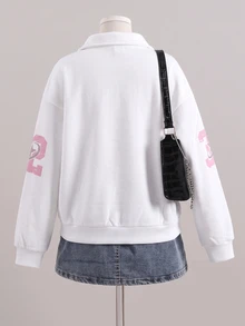 SHEIN Sparklyn 青少年女孩字母印花拉鍊半開襟長袖運動衫 - 白色 - 查看 4